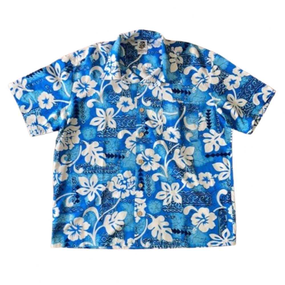 KENNINGTON Mens XL Blue Hawaiian Casual Button Down t shirt Plumeria